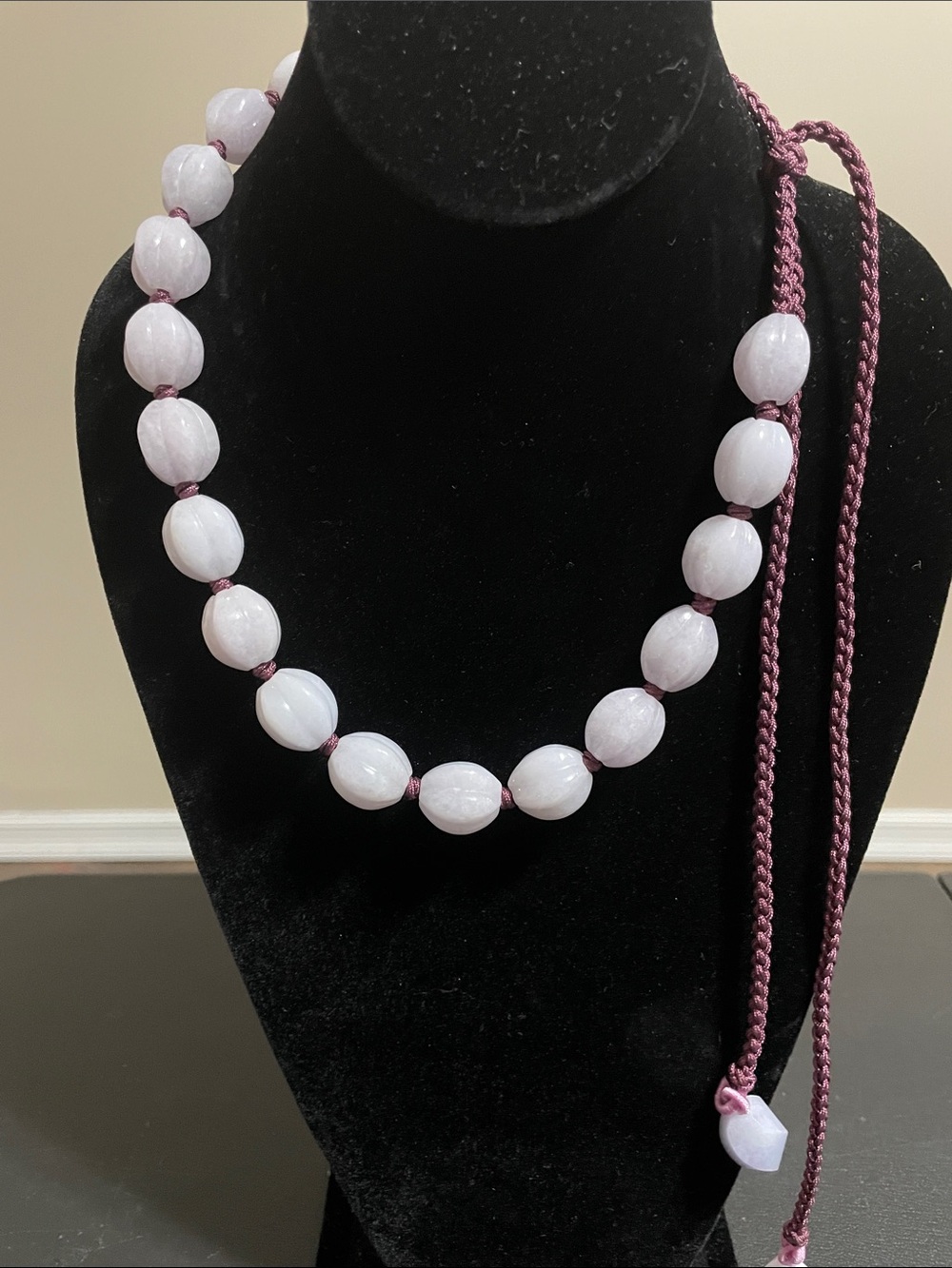 Lavender Jade Squash Shaped Bead Necklace on Braided Cord